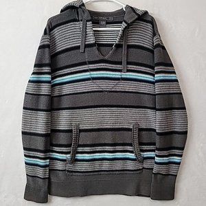 Retrofit Men's Knit Hoodie Hooded Sweater Size Large Gray Blue Striped FLAWED